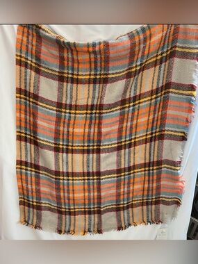 NWT Kyoot Klothing Plaid Blanket Scarf Orange Grey Tartan Scarf Size 58” X 57”